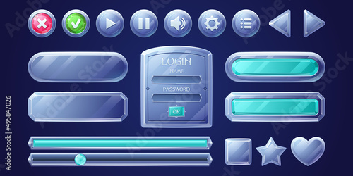 Glass game buttons, ui or ux menu panel design elements, progress bars, settings, login and password board. Cartoon gui interface user panel with slider, stop, pause and arrows keys, Vector icons set