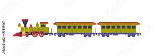 Steam Train or Locomotive Pulling Passenger Wagon Vector Illustration