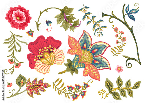 Fantasy flowers in retro, vintage, jacobean embroidery style. Element for design. Vector illustration.