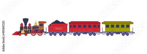 Steam Train or Locomotive Pulling Passenger Wagon Vector Illustration