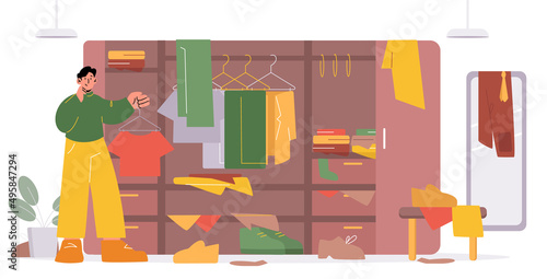 Man arrange chaos in messy wardrobe, walk-in closet. Dressing room with scattered male clothes, shoes and accessories lying around the floor, stick up of drawers, Line art flat vector illustration