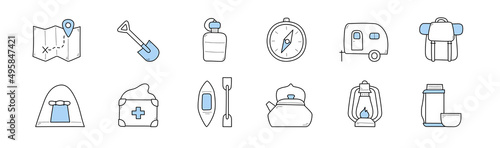 Set of camping and hiking doodle icons. Map with route, spade, compass, trailer, rucksack or tent. First aid kit, kayak with paddle, kettle, lantern, water and vacuum flask, Line art vector signs
