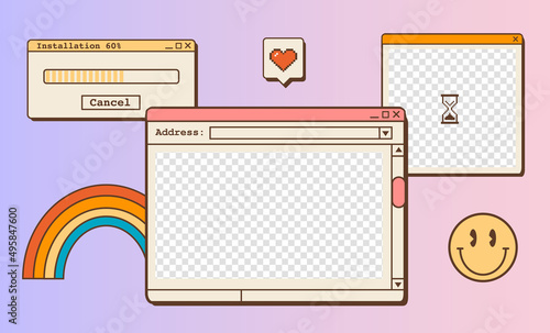 Retro vaporwave desktop wallpaper template. Abstract vintage aesthetic background. 80s 90s old computer user interface dialog windows. Nostalgic retro computer ui. Vintage browser. Vector illustration