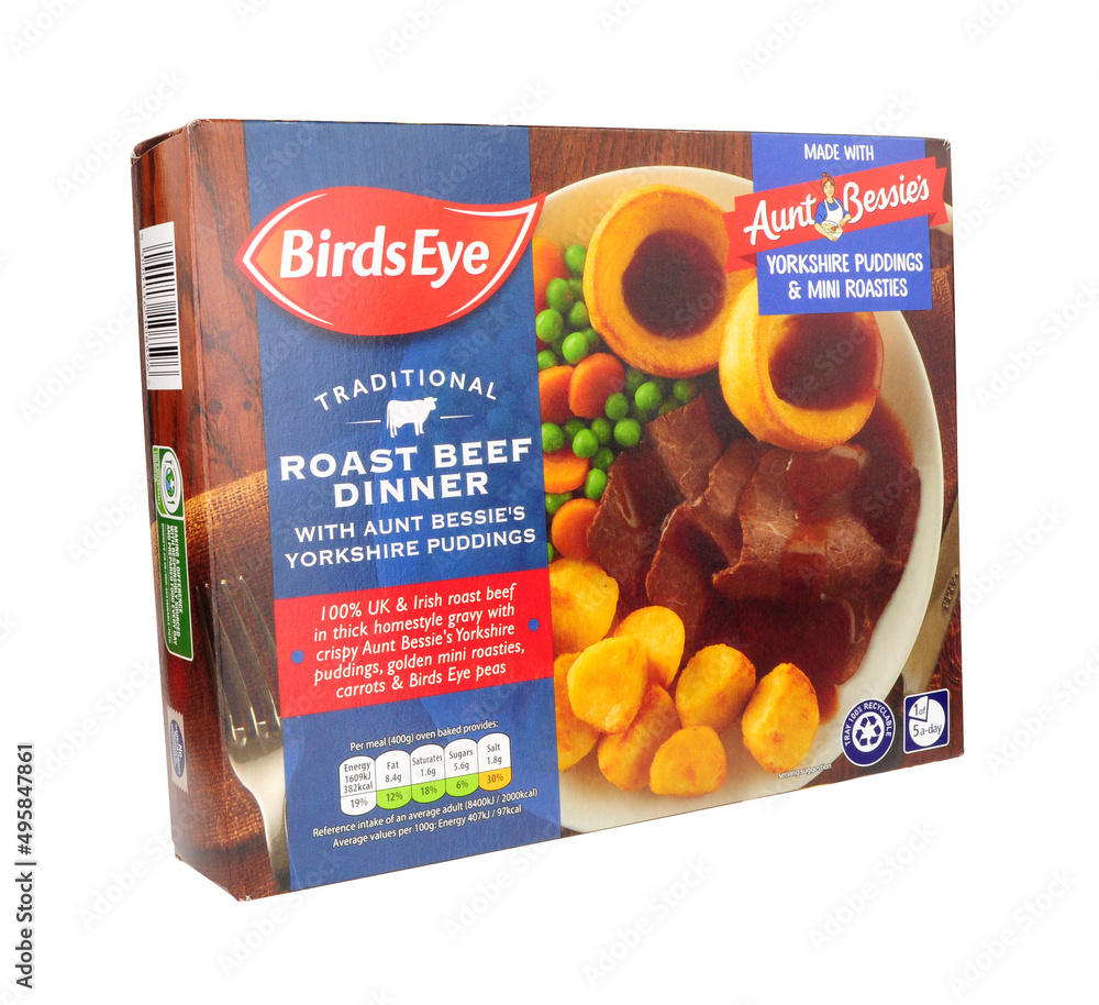 Birds Eye traditional roast beef frozen dinner with Aunt Bessies Yorkshire puddings and mini