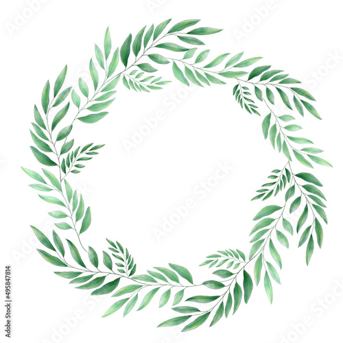 Botanical wreath of green branches and leaves. foliage frame for decoration, design, label. Green fresh leaves in round composition.