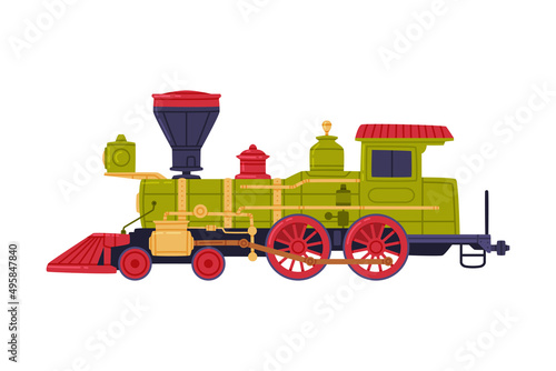Vintage Steam Locomotive or Engine as Rail Transport Vehicle Vector Illustration