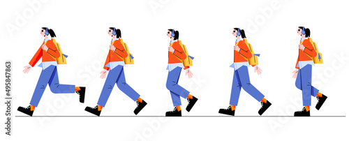 Woman walk cycle sequence for creating game animation. Pictures frame with teenager girl wear headphones walking with backpack, passerby, tourist movement, Cartoon flat vector line art illustration