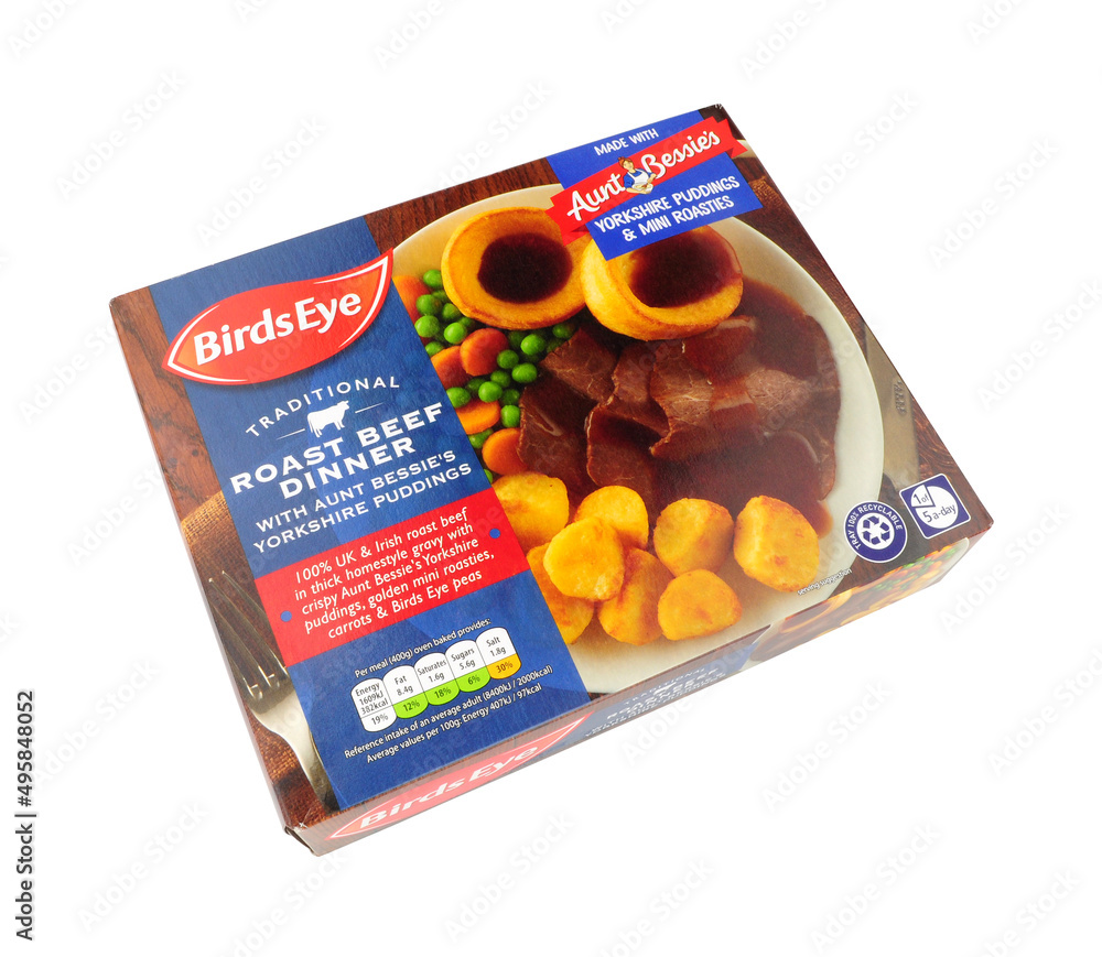 Birds Eye traditional roast beef frozen dinner with Aunt Bessies Yorkshire puddings and mini