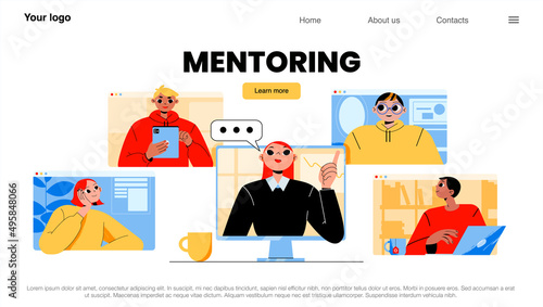 Mentoring landing page, business coach chatting with employees online. Mentorship, support and training people to achieve career goals. tutor and workers on pc screens, Line art flat vector web banner