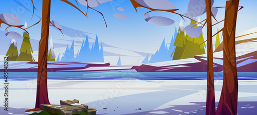 Winter landscape with frozen river, bare trees, coniferous forest and stones. Vector cartoon illustration of nature scene with white snow, ice on water and rocks