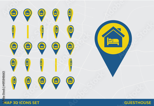 Maps 3D Icon Set Rotation Guesthouse Sign Vector Illustration