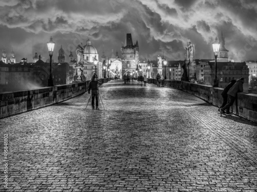 Prague the capital of the Czech Republic and the most beautiful city in Europe with beautiful churches temples in black and white design. © vaclav