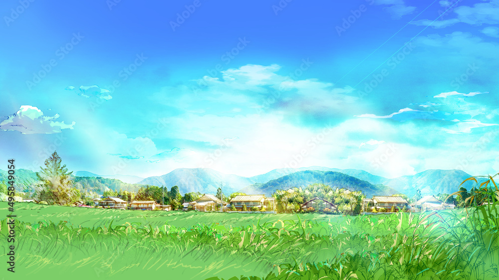 自然豊かな田舎の風景（草原と青空）