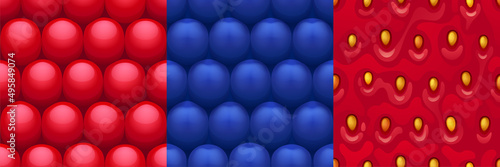 Game textures of fruits and berries. Vector cartoon seamless patterns with closeup surface of fresh ripe strawberry with seeds, cherries, blue and red candies
