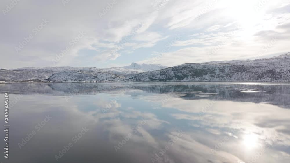 Calm Fjord Sea Water Mirroring Snowy Mountain Slope And Sky In Norway Calm Fjord Sea Water Mirroring Snowy Mountain Slope And Sky In Norway