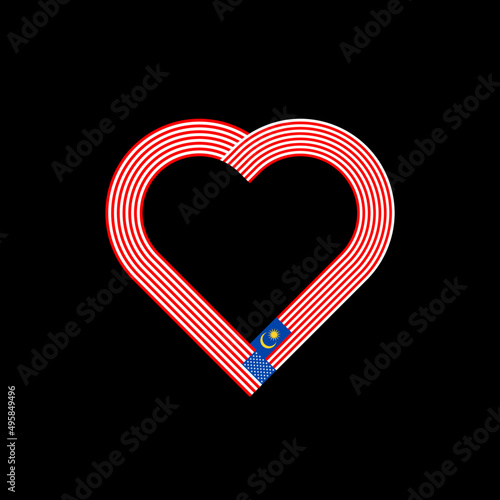unity concept. heart ribbon icon of united states and malaysia flags. vector illustration isolated on black background
