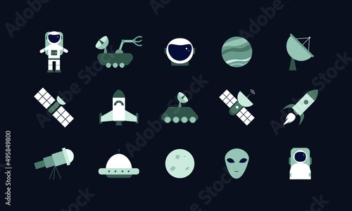 set of outer space expeditions equipment. illustration collection in flat cartoon style. colored science object in vector graphic for educational and outer space design elements.