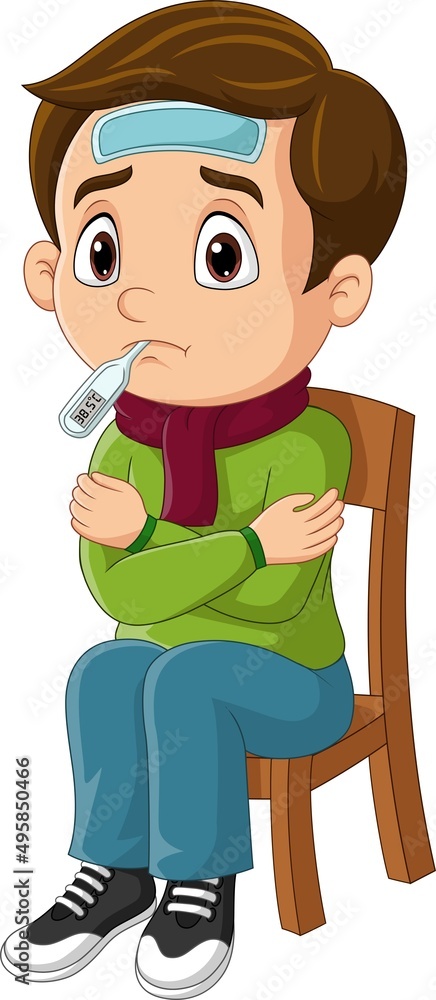 Little boy sick with fever sitting on chair with thermometer in mouth Little boy sick with fever sitting on chair with thermometer in mouth