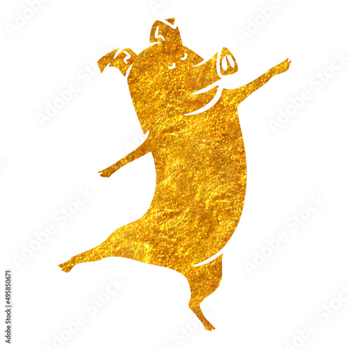 Hand drawn gold foil texture dancing pig.
