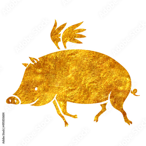 Hand drawn gold foil texture flying pig.