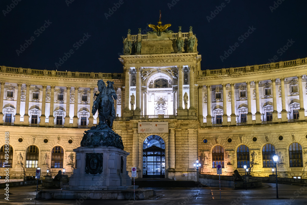 Prinz Eugen Savoyen equestrian monument on Heldenplatz square in front of Neue Burg section of Hofburg Palace in Vienna
