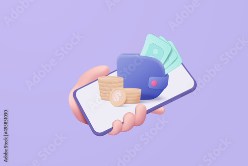 3D money coin hand holding on pastel background. holding money wallet in smartphone concept, wallet coin and payment 3d vector render concept. finance, investment, money saving on mobile isolated photo