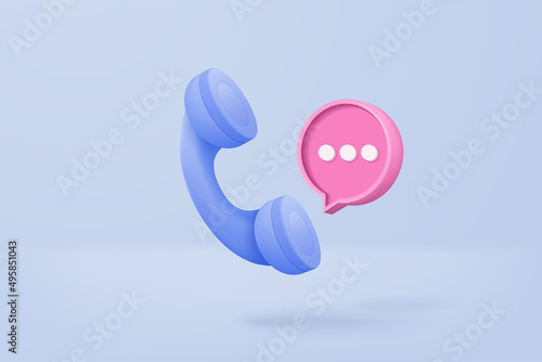 3d minimal call phone and bubble talk on blue background. Talking with service support hotline and call center icon concept. 3d vector render telephone for contact customer on isolated background