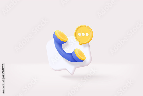 3d minimal call phone and bubble talk on white background. Talking with service support hotline and call center icon concept. 3d vector render telephone for contact customer on isolated background photo