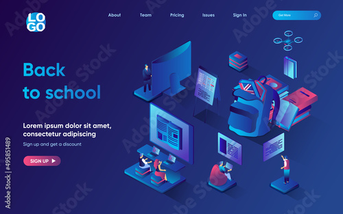 Back to school concept 3d isometric web landing page. People study online and going at lessons in classroom at college, reading books and get education. Vector illustration for web template design