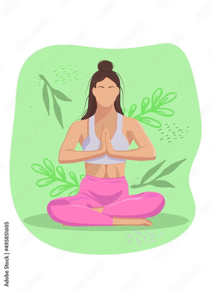 a girl does yoga against a background of greenery in a lotus position