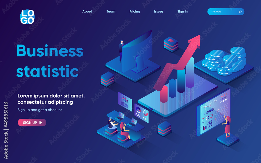 Business statistic control concept 3d isometric web landing page. People analyze company financial data, create strategy to develop and increase profits. Vector illustration for web template design Business statistic control concept 3d isometric web landing page. People analyze company financial data, create strategy to develop and increase profits. Vector illustration for web template design