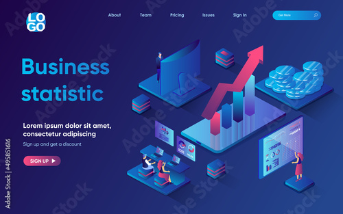 Business statistic control concept 3d isometric web landing page. People analyze company financial data, create strategy to develop and increase profits. Vector illustration for web template design