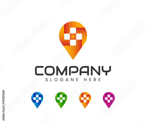 Cross plus location pin medical logo icon design. Care Point Health Company Logo Design Concept