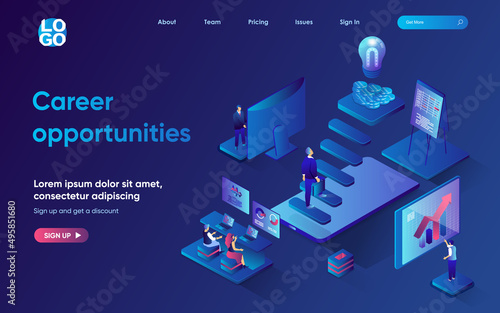 Career opportunities concept 3d isometric web landing page. People working, employee climbs career ladder, improves professional skills and leadership. Vector illustration for web template design