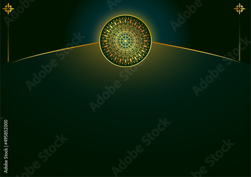 Art of traditional Indian geometric. Luxury mandala graphic background. Gold, dark green, black ornamental on shadow transparency. Decorative pattern east style. Vector illustration with copy space.