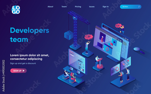 Developers team concept 3d isometric web landing page. People develop programs and applications, optimize interfaces, analyze market and launch products. Vector illustration for web template design