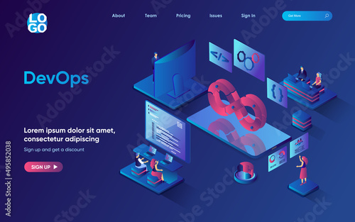 DevOps concept 3d isometric web landing page. People working in team, programmers interact with tech support engineers, development operation. Vector illustration for web template design