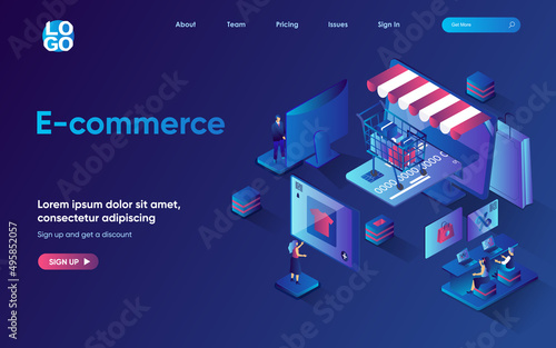 E-commerce concept 3d isometric web landing page. People make purchases, choose good on website of store, pay online with credit card, use delivery service. Vector illustration for web template design