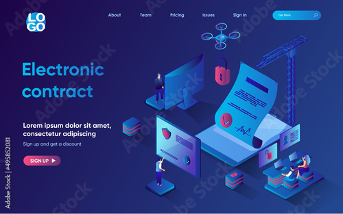Electronic contract concept 3d isometric web landing page. People make business deals and banking transactions using electronic signature technology. Vector illustration for web template design