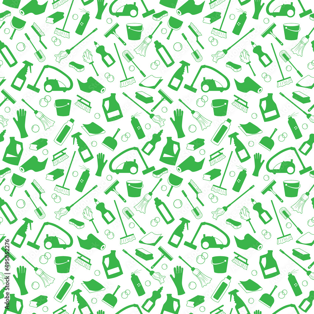 Seamless pattern on the theme of cleaning and household equipment and cleaning products,a green silhouettes of icons on a light background Seamless pattern on the theme of cleaning and household equipment and cleaning products,a green silhouettes of icons on a light background