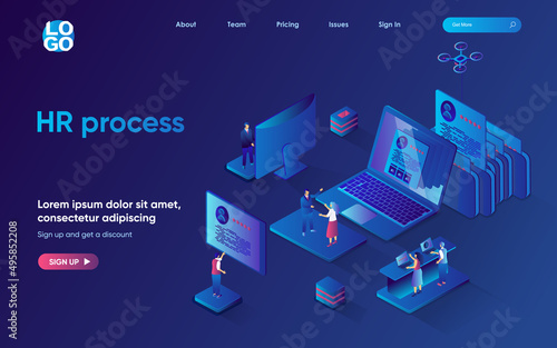 HR process concept 3d isometric web landing page. People search for candidates for open vacancies, look at resumes and choose best employee for company. Vector illustration for web template design © alexdndz