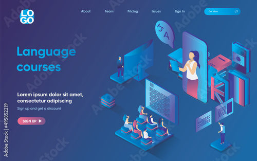 Language courses concept 3d isometric web landing page. People study foreign languages in courses, study with teacher in classroom and online applications. Vector illustration for web template design
