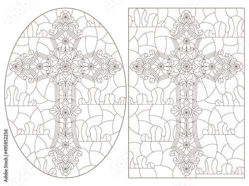 A set of contour illustrations in the style of stained glass with Christian crosses, dark contours on a white background