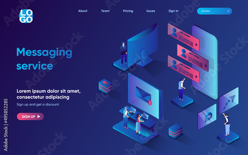 Messaging service concept 3d isometric web landing page. People correspond online, send and receive messages and emails using programs and applications. Vector illustration for web template design