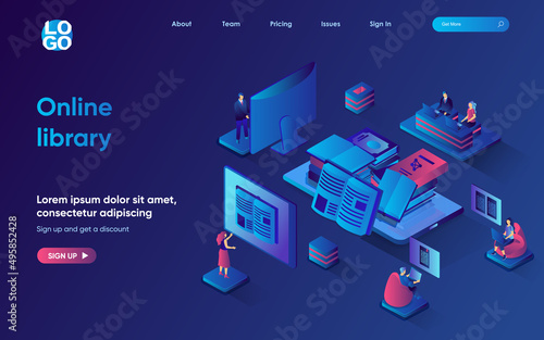 Online library concept 3d isometric web landing page. People read e-books and textbooks using computers and laptops, online bookstore or digital library. Vector illustration for web template design