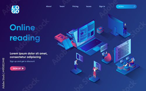 Online reading concept 3d isometric web landing page. People read e-books and studying textbooks using different devices, e-learning and digital library. Vector illustration for web template design