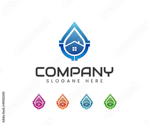 Water drop plumbing and house logo design. Waterline plumbing logo design template vector