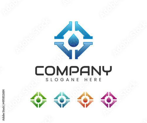 Pipeline water drop plumbing logo. Plumbing work and plumber company, vector design. Plumbing service, illustration