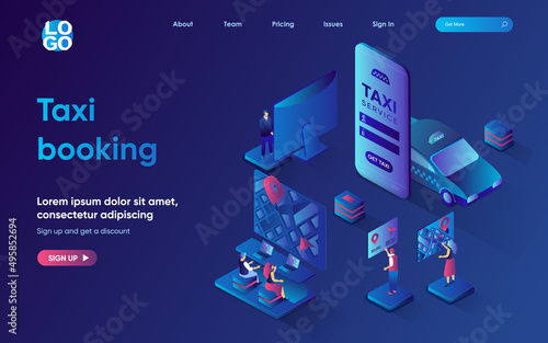 Taxi booking concept 3d isometric web landing page. People use taxi service in mobile app for ordering and booking car, choosing transport, online tracking. Vector illustration for web template design