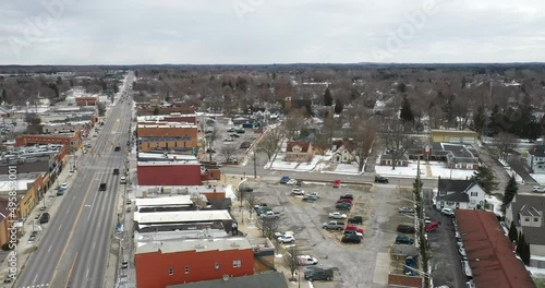 Oxford, Michigan downtown drone video moving sideways. photo